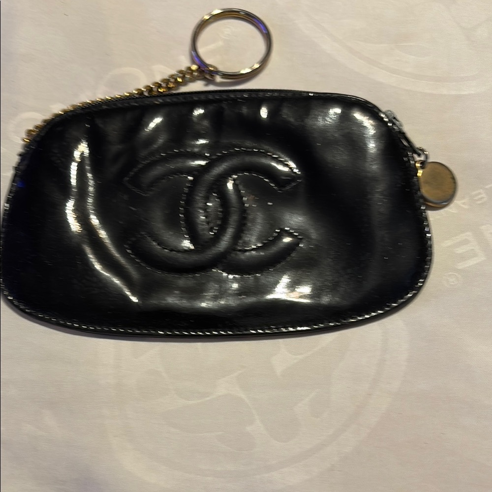 CHANEL Glossy Black Leather Pouch